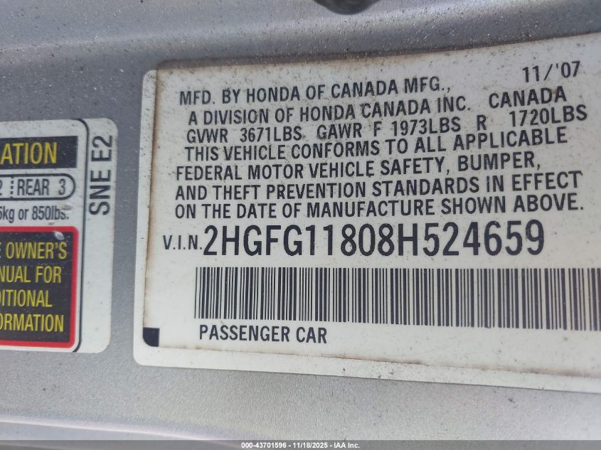 2008 Honda Civic Ex VIN: 2HGFG11808H524659 Lot: 43701596