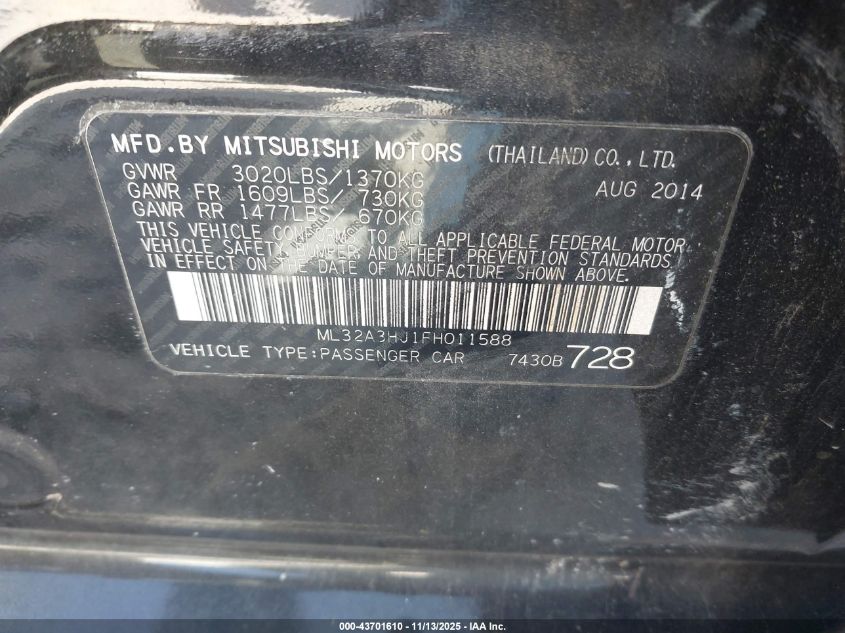 2015 Mitsubishi Mirage De/Rf VIN: ML32A3HJ1FH011588 Lot: 43701610