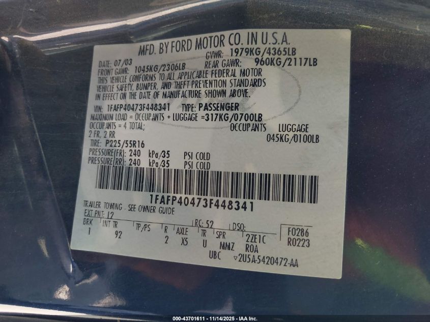 2003 Ford Mustang VIN: 1FAFP40473F448341 Lot: 43701611