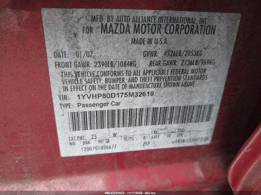 2007 Mazda Mazda6 S Sport Ve VIN: 1YVHP80D175M32619 Lot: 43701623