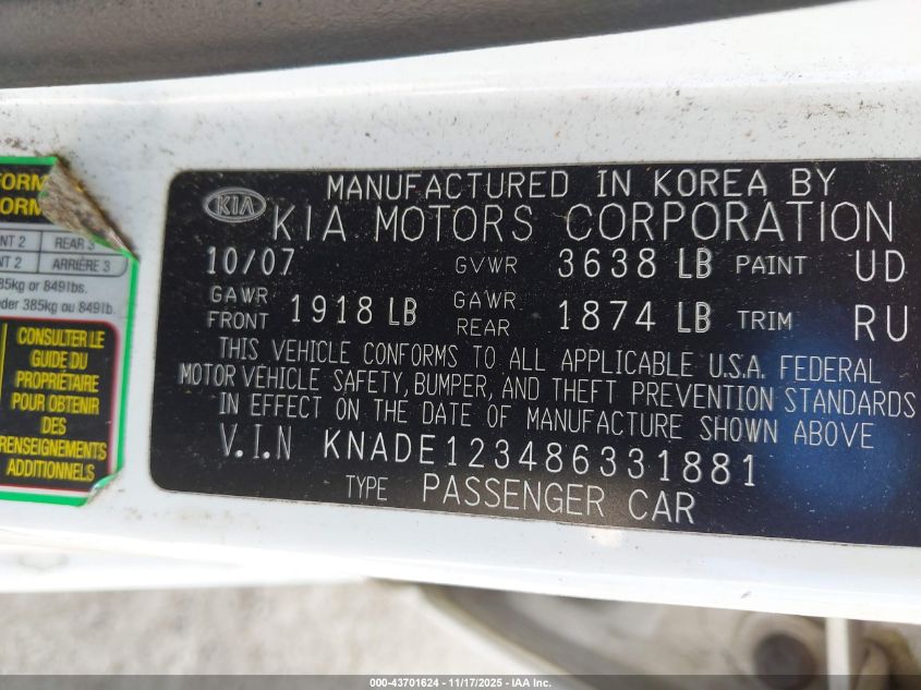 2008 Kia Rio Lx VIN: KNADE123486331881 Lot: 43701624