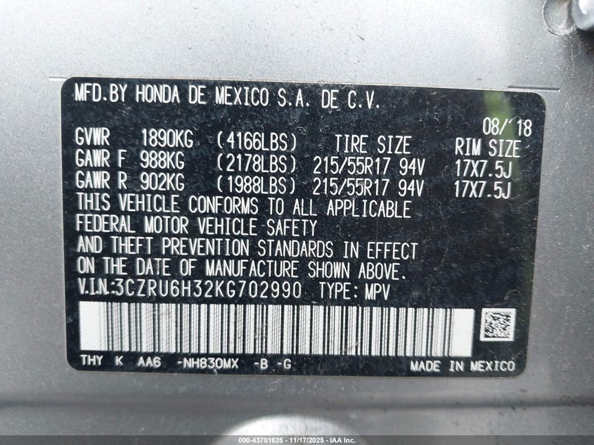 3CZRU6H32KG702990 2019 HONDA HR-V photo no. 9