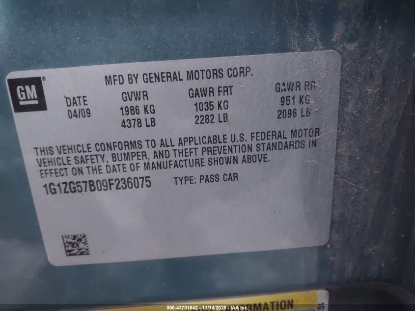 2009 Chevrolet Malibu Ls VIN: 1G1ZG57B09F236075 Lot: 43701642