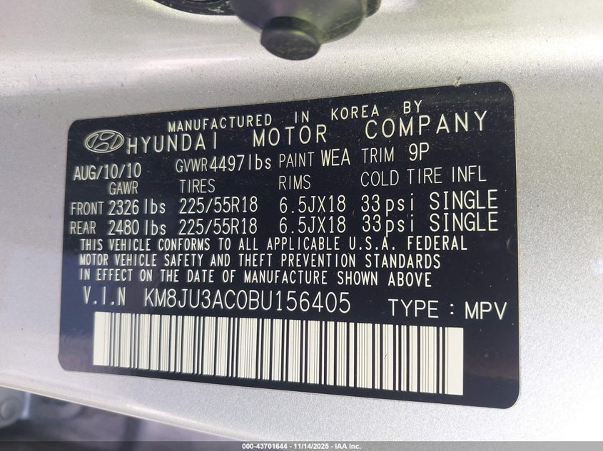 KM8JU3AC0BU156405 2011 HYUNDAI TUCSON photo no. 9