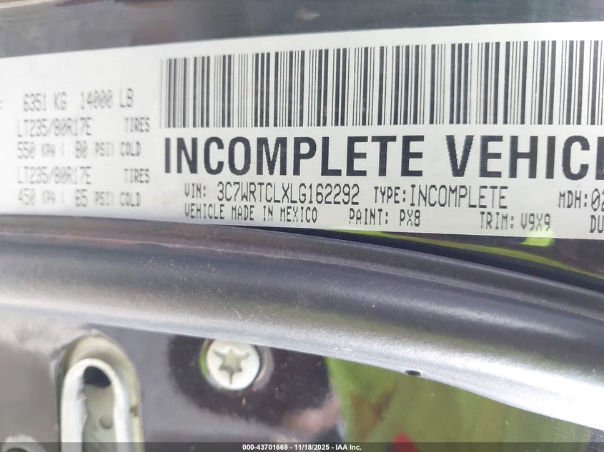 2020 Ram 3500 Chassis Tradesman/Slt/Laramie/Limited VIN: 3C7WRTCLXLG162292 Lot: 43701669