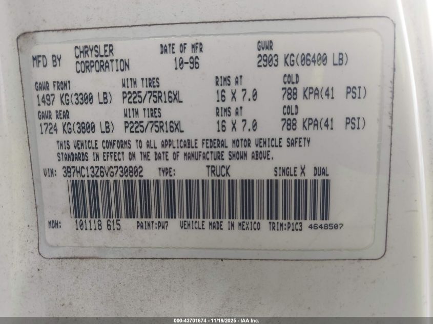 1997 Dodge Ram 1500 St VIN: 3B7HC13Z6VG730802 Lot: 43701674