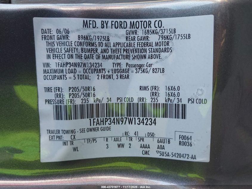 2007 Ford Focus S/Se/Ses VIN: 1FAHP34N97W134234 Lot: 43701677