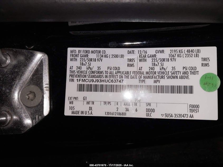 2017 Ford Escape Titanium VIN: 1FMCU9J93HUC63747 Lot: 43701678