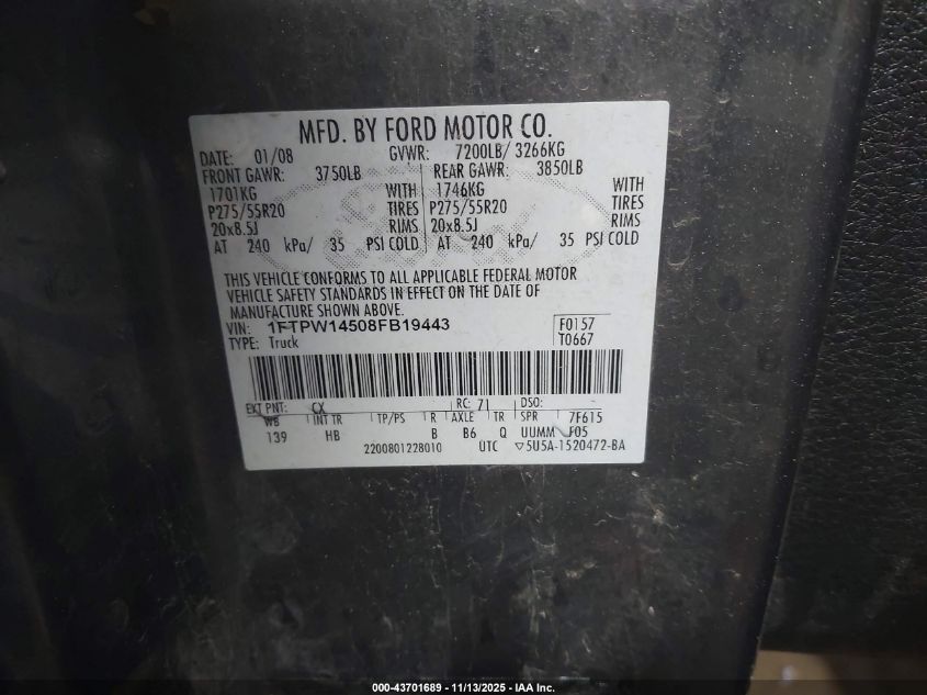 2008 Ford F-150 60Th Anniversary/Fx4/King Ranch/Lariat/Limited/Xlt VIN: 1FTPW14508FB19443 Lot: 43701689
