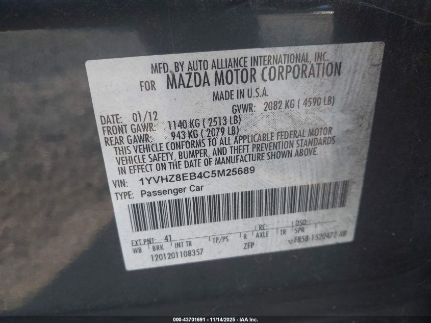 2012 Mazda Mazda6 S Touring Plus VIN: 1YVHZ8EB4C5M25689 Lot: 43701691