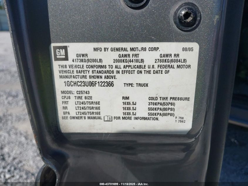 2006 Chevrolet Silverado 2500Hd Lt1 VIN: 1GCHC23U06F122366 Lot: 43701699