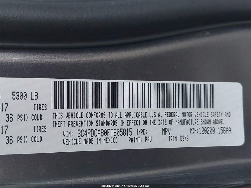 2015 Dodge Journey American Value Pkg VIN: 3C4PDCAB0FT605815 Lot: 43701702