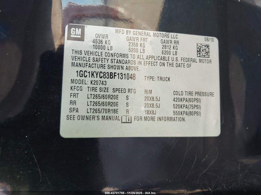 2011 Chevrolet Silverado 2500Hd Ltz VIN: 1GC1KYC83BF131048 Lot: 43701705