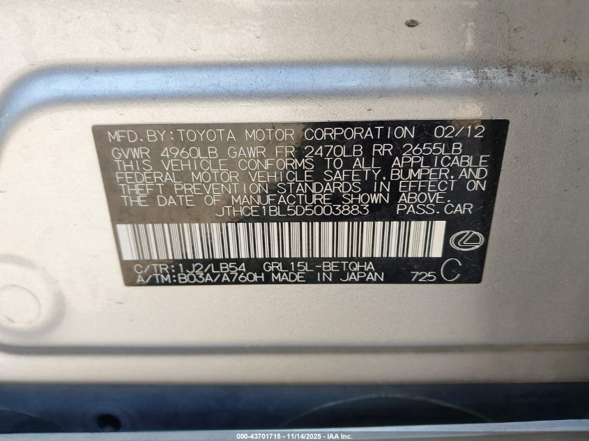 2013 Lexus Gs 350 VIN: JTHCE1BL5D5003883 Lot: 43701715