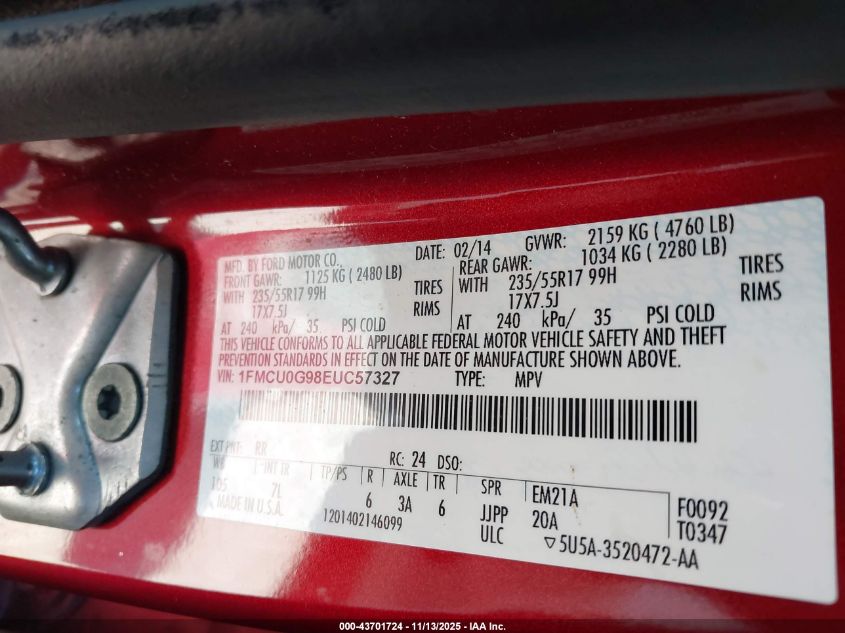 2014 Ford Escape Se VIN: 1FMCU0G98EUC57327 Lot: 43701724