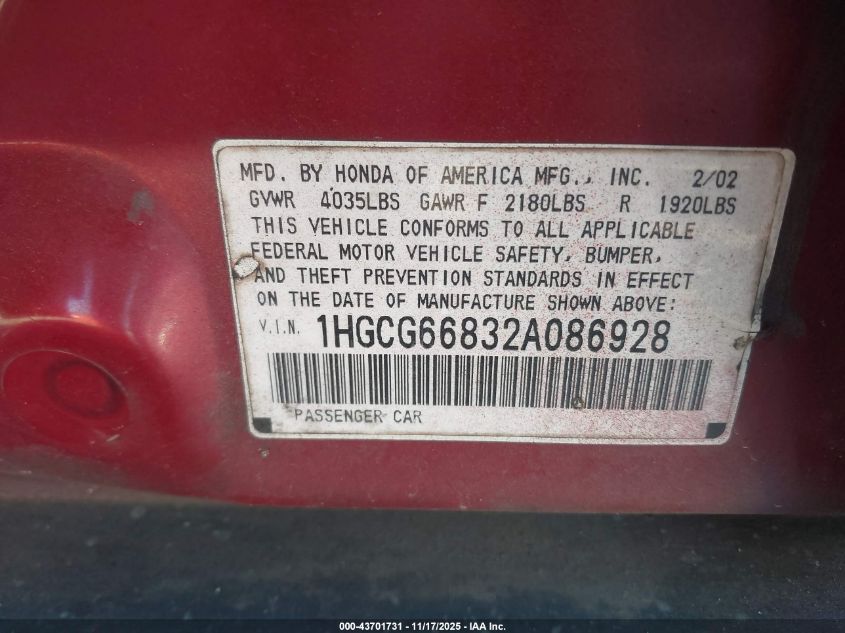 2002 Honda Accord 2.3 Ex/2.3 Se VIN: 1HGCG66832A086928 Lot: 43701731