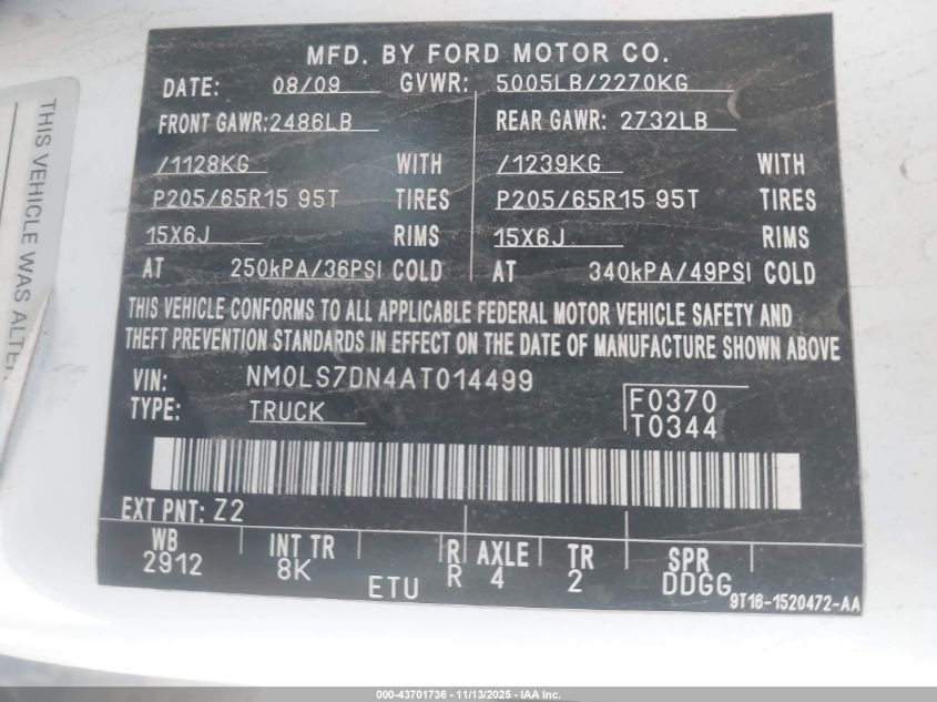 2010 Ford Transit Connect Xlt VIN: NM0LS7DN4AT014499 Lot: 43701736