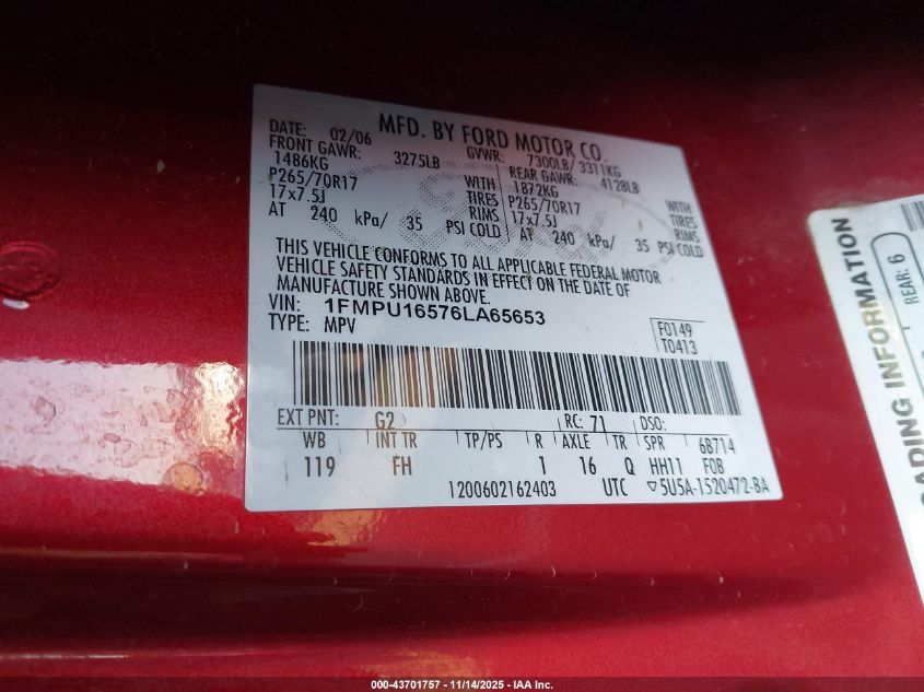 2006 Ford Expedition Xlt/Xlt Sport VIN: 1FMPU16576LA65653 Lot: 43701757