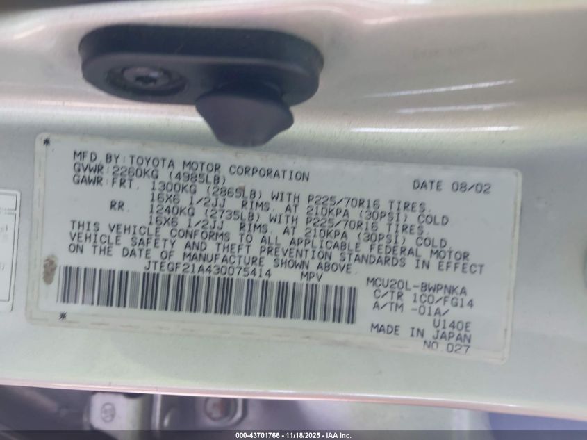 2003 Toyota Highlander V6 VIN: JTEGF21A430075414 Lot: 43701766