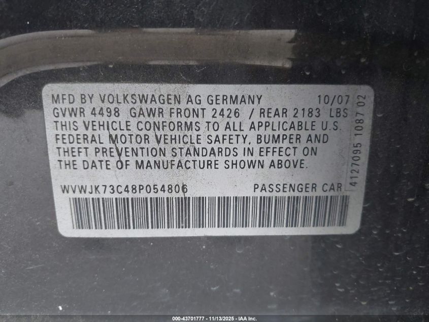 2008 Volkswagen Passat Turbo VIN: WVWJK73C48P054806 Lot: 43701777