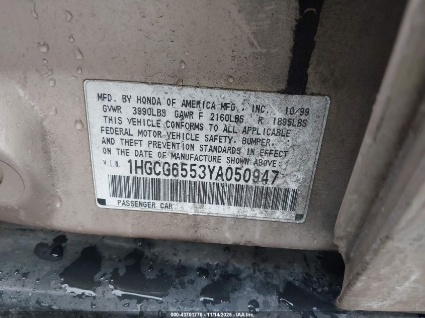 2000 Honda Accord 2.3 Lx VIN: 1HGCG6553YA050947 Lot: 43701778