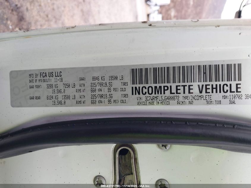 2018 Ram 5500 Chassis Tradesman/Slt/Laramie VIN: 3C7WRMFL5JG400872 Lot: 43701790