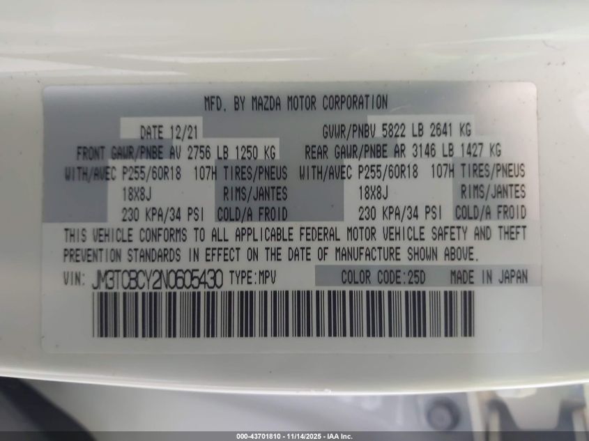 2022 Mazda Cx-9 Touring VIN: JM3TCBCY2N0605430 Lot: 43701810