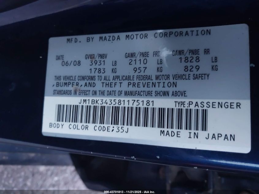 2008 Mazda Mazda3 S Grand Touring VIN: JM1BK343581175181 Lot: 43701813