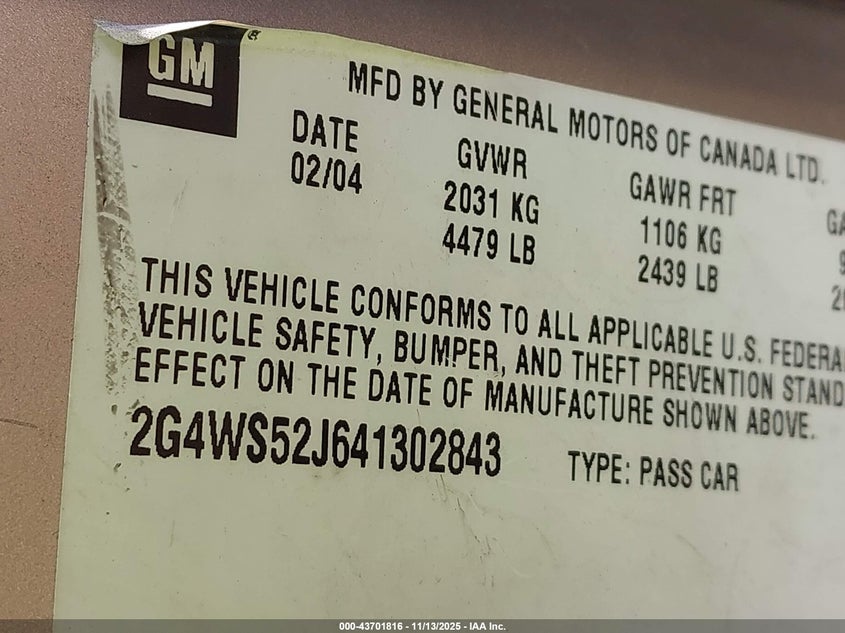 2004 Buick Century VIN: 2G4WS52J641302843 Lot: 43701816