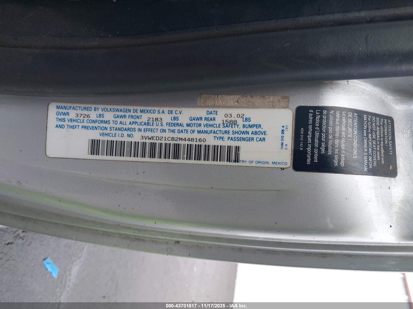 2002 Volkswagen New Beetle Sport VIN: 3VWED21C82M448160 Lot: 43701817