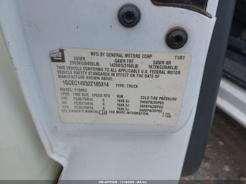 2002 Chevrolet Silverado 1500 Commercial VIN: 1GCEC14V32Z185314 Lot: 43701826