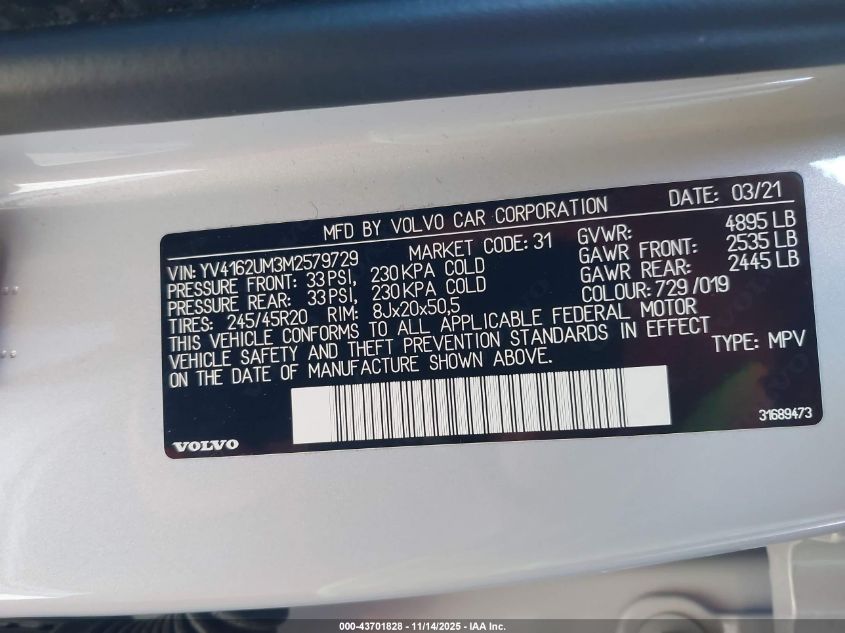2021 Volvo Xc40 T5 R-Design VIN: YV4162UM3M2579729 Lot: 43701828