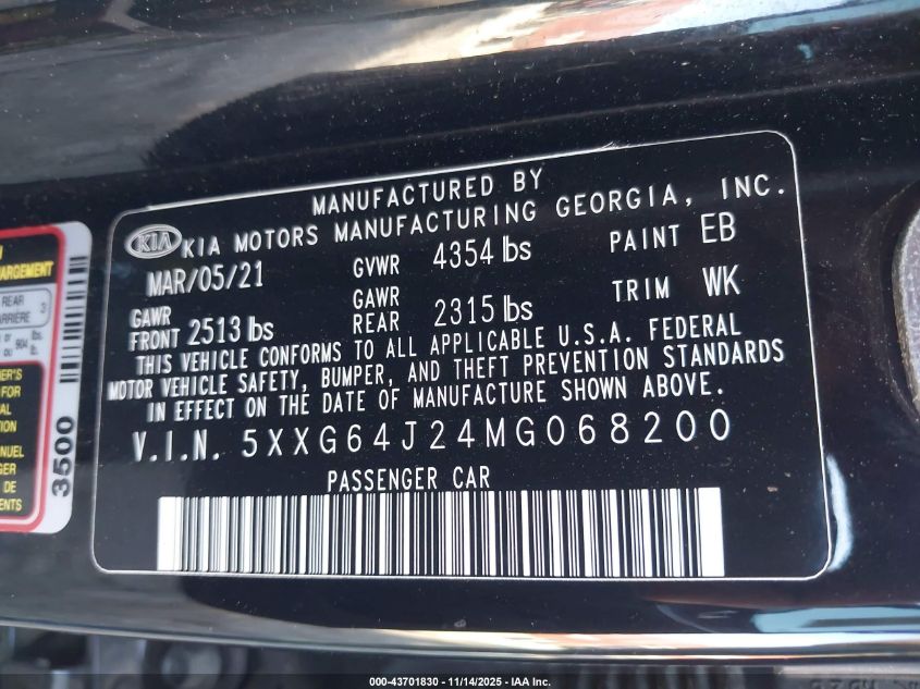 2021 Kia K5 Gt-Line VIN: 5XXG64J24MG068200 Lot: 43701830