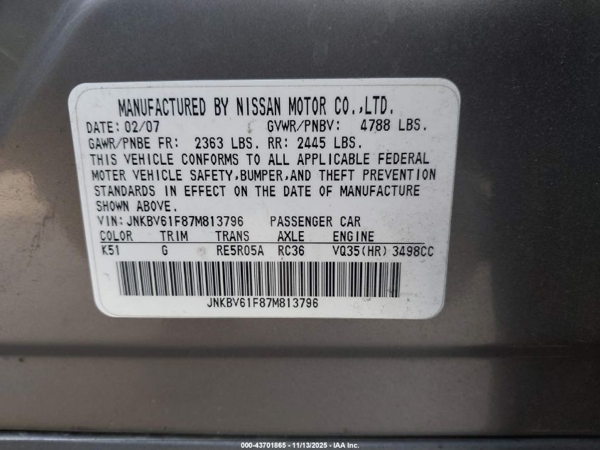 2007 Infiniti G35X VIN: JNKBV61F87M813796 Lot: 43701865