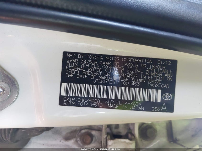 2012 Toyota Prius C Three VIN: JTDKDTB31C1001453 Lot: 43701871