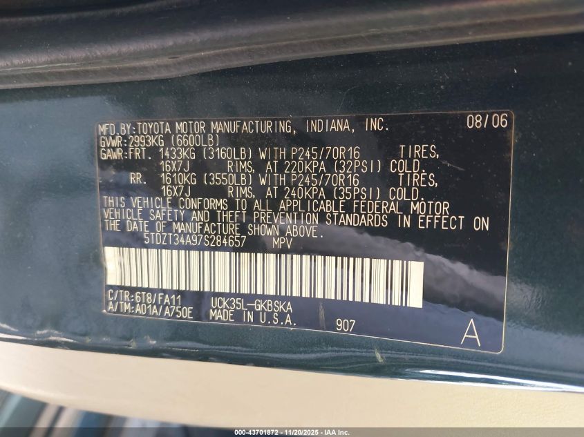 2007 Toyota Sequoia Sr5 V8 VIN: 5TDZT34A97S284657 Lot: 43701872