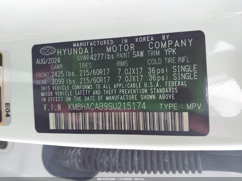 2025 Hyundai Kona Se VIN: KM8HACAB9SU215174 Lot: 43701889