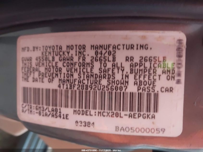 2002 Toyota Avalon Xls VIN: 4T1BF28B92U256007 Lot: 43701890