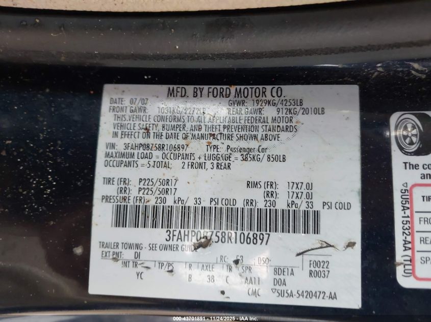 2008 Ford Fusion Sel VIN: 3FAHP08Z58R106897 Lot: 43701891