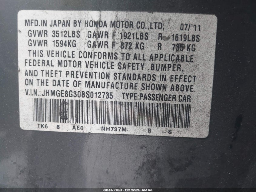 2011 Honda Fit VIN: JHMGE8G30BS012735 Lot: 43701893