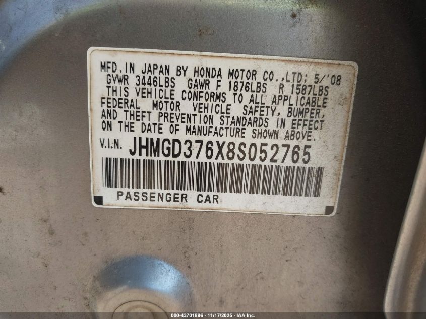 2008 Honda Fit Sport VIN: JHMGD376X8S052765 Lot: 43701896