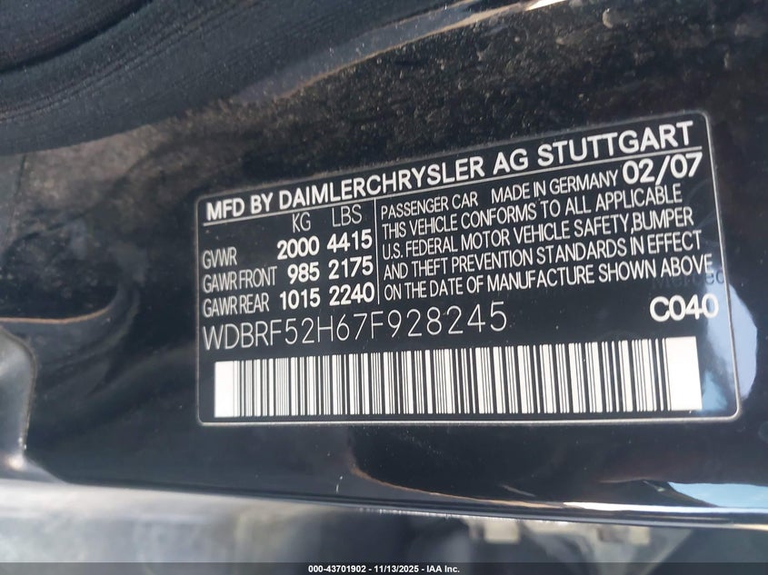 2007 Mercedes-Benz C 230 Sport VIN: WDBRF52H67F928245 Lot: 43701902