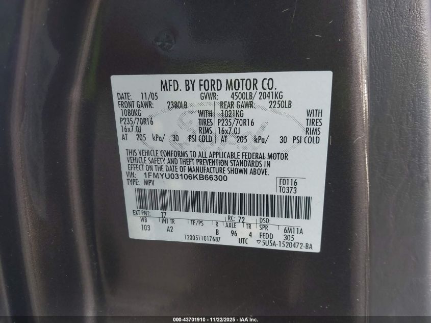 2006 Ford Escape Xlt/Xlt Sport VIN: 1FMYU03106KB66300 Lot: 43701910