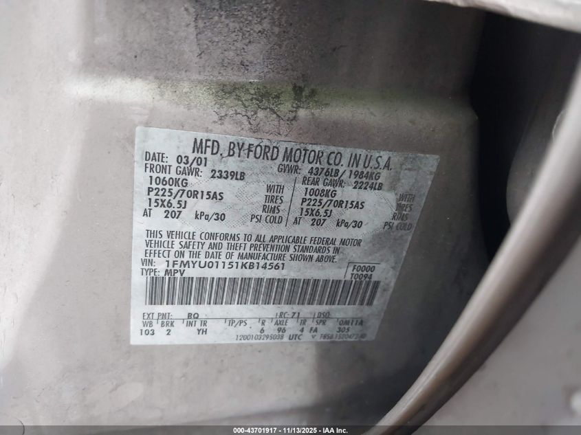 2001 Ford Escape Xls VIN: 1FMYU01151KB14561 Lot: 43701917