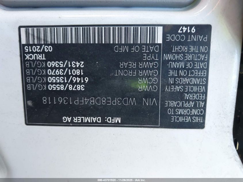 2015 Mercedes-Benz Sprinter 2500 High Roof VIN: WD3PE8DB4FP136118 Lot: 43701920