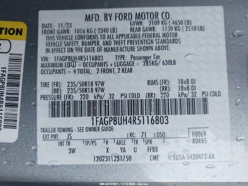 2024 Ford Mustang Ecoboost Premium VIN: 1FAGP8UH4R5116803 Lot: 43701921