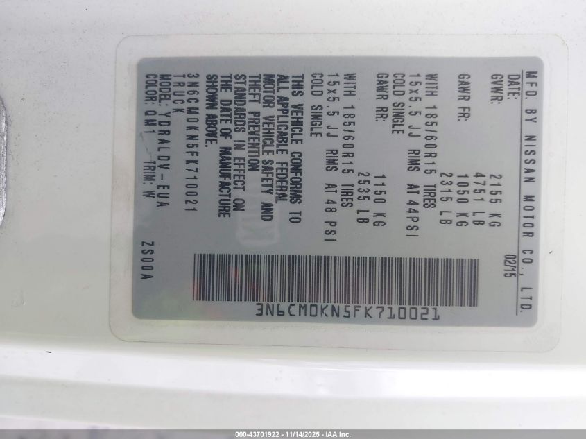 2015 Nissan Nv200 S/Sv VIN: 3N6CM0KN5FK710021 Lot: 43701922