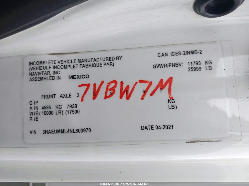 2022 International Mv VIN: 3HAEUMML4NL600970 Lot: 43701938