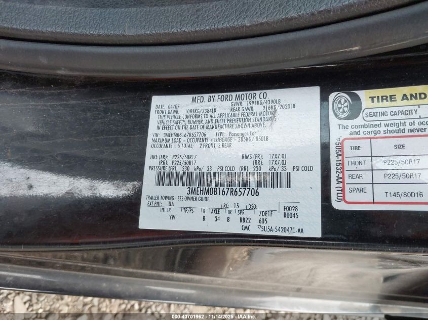 2007 Mercury Milan V6 Premier VIN: 3MEHM08167R657706 Lot: 43701962