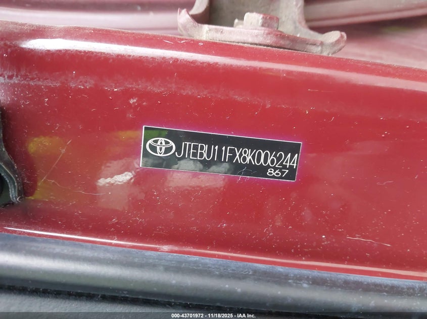 2008 Toyota Fj Cruiser VIN: JTEBU11FX8K006244 Lot: 43701972